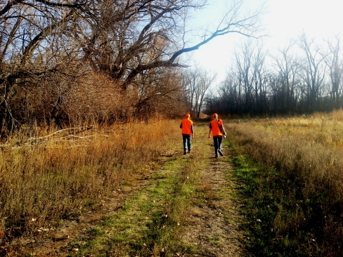 Hunters walking up a mowed service road wearing blaze orange.