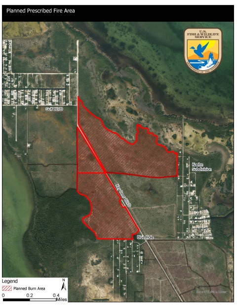 Aerial map showing a planned prescribed fire area outlined in red near Blue Hole, with roads, residential areas, and water bodies labeled.