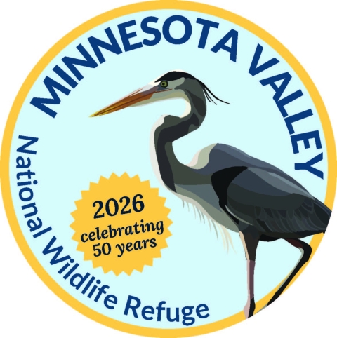 Image of blue heron with blue background and writing stating Minnesota Valley National Wildlife Refuge 2026 Celebrating 50 years