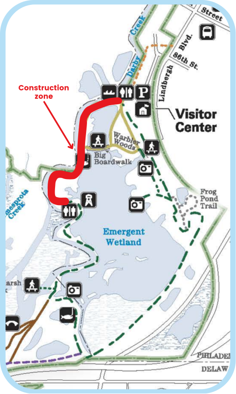 A map showing trail closures from the gate to just before our observation tower. The gravel lot and a portion of the parking lot will be used by the construction crew to stage their equipment and materials and will also be closed to the public. The observation tower and bathrooms will remain open.