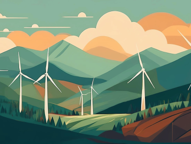 Flat design graphic of wind turbines in the Ozark Mountains