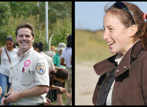 Man and woman smiling.