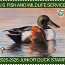 2025-2026 Junior Duck Stamp featuring a northern shoveler floating on water.