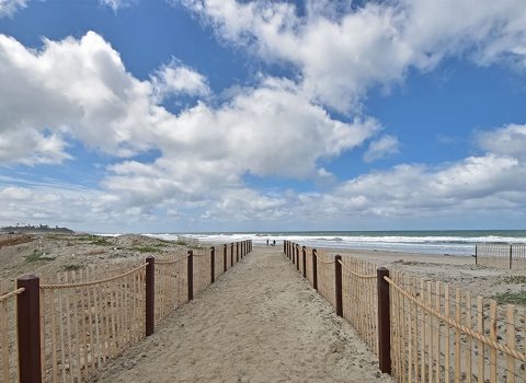 Two roped fences on either side of a beach path