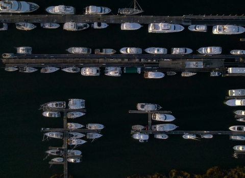 Aerial view of Safe Harbor Charleston City Marina MEGADOCK and the vessels using the dock. 