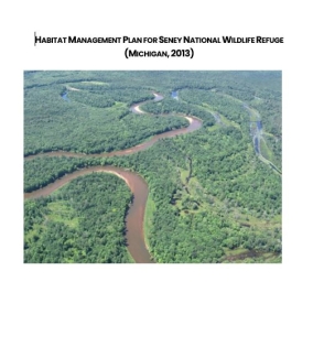The front cover of the Seney National Wildlife Refuge Habitat Management Plan - a forest with a river flowing through.