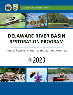 image of the front cover of a report, featuring various photos of people paddling and fishing on a river and of wildlife, including a turtle, bumblebee, and warbler