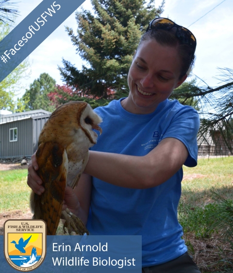 A woman holding a large owl. A banner reads "#FacesofUSFWS" and another banner reads "Erin Arnold, Wildlife biologist"