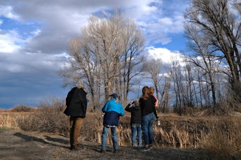 locals looking at birds in the San Luis Valley. background of cottonwood trees and a cloudy, blue sky.