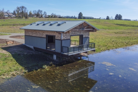 A small building sits on the side of the pond with a narrow porch over the water. 