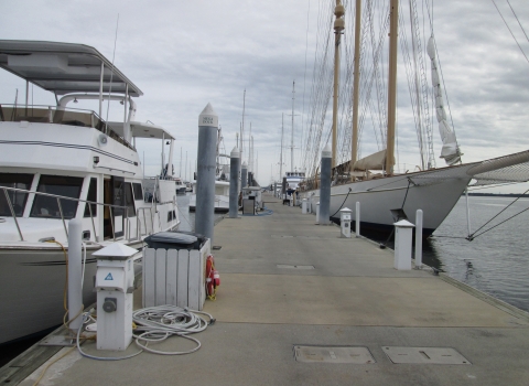 View of boats docking at Charleston City wharf