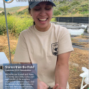 The cover of a newsletter with an image of a woman holding a salamander and smiling. The US Fish and Wildlife Service is in the top left corner, along with the words "Ventura Fish and Wildlife Office Central and Southern California Coast." A blue box in the bottom left corner says "Stories from the Field Summer 2023 Newsletter. We invite you to read and share our stories about the native and rare wildlife of the southern and central California coast"