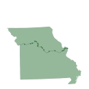 Graphic of Missouri with Missouri River and green dots for Big Muddy Refuge Units