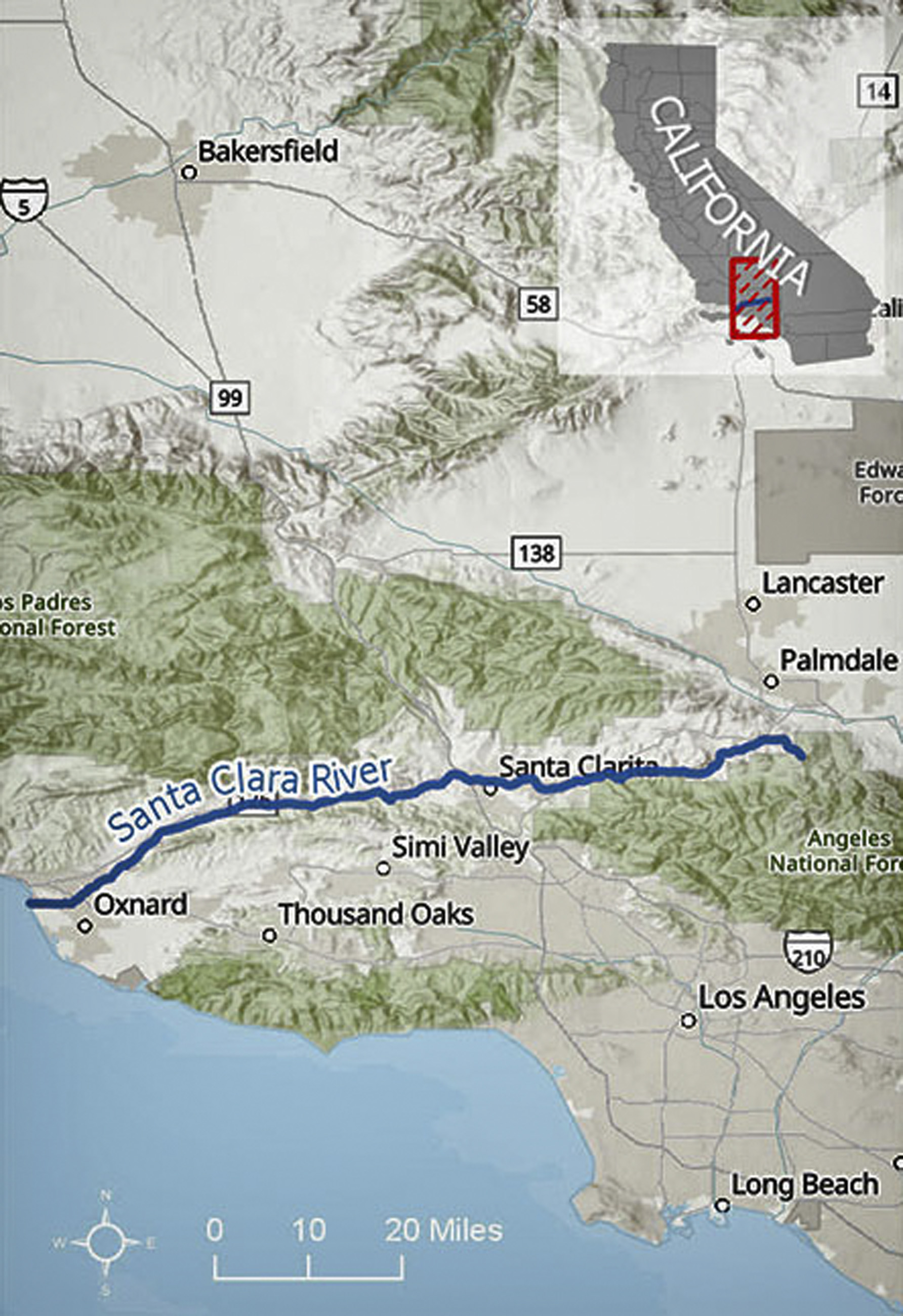 A map of the Santa Clara River in Los Angeles and Ventura counties