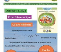 Flyer for Modoc's Migratory Bird Day 2024 event. The event will be at Modoc National Wildlife Refuge on Saturday, October 12 from 10am to 3pm. This is a free event and all are welcome.