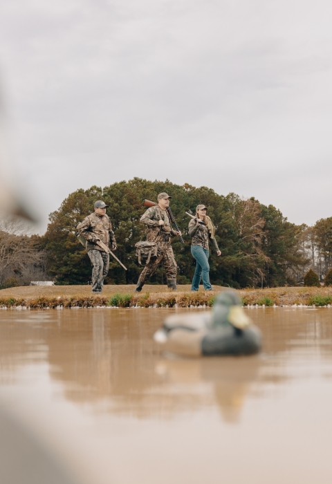 Three hunters in camouflage walk past duck decoys. 