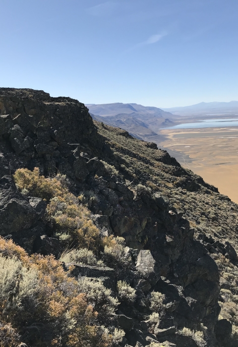 Rocky cliff faces covered in sagebrush rise above a valley floor full of fields and wetlands.