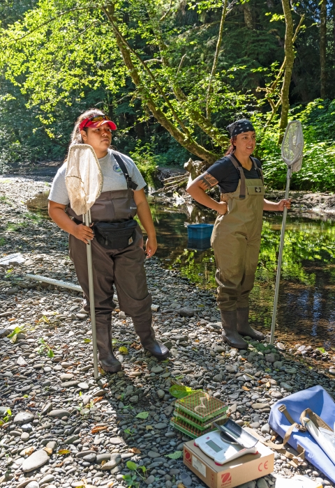 Service staff and interns standing on the bank of a river wearing waders and holding nets before sampling fish