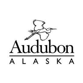 Black and white illustration of an egret flying over the words Audubon Alaska