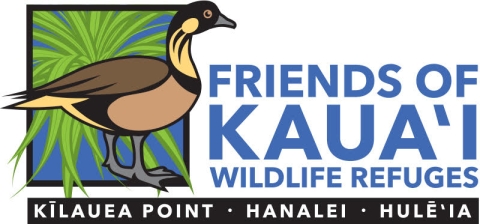 Friends of Kaua'i Wildlife Refuges. A nēnē stands in front of vegetation 