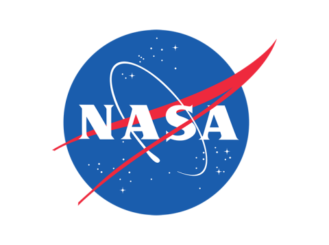 Blue circle with stars, a red accent and an elliptical white line around the letters NASA