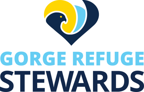 Logo with a yellow sun and two-toned blue waves that make up the shape of a heart altogether and a bird with one wing open and a yellow eye, with text, the Gorge Refuge Stewards
