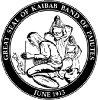 Logo that reads, Great Seal of Kaibab Brand of Paiutes, June 1913 with an illustration outline of two women and a man kneeling with a stick in his hands; as smoke rises from the stick being twisted to make fire. . 