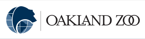 Logo that has a globe illustration with a dark blue bear outline coming out of the global. To the left of the globe are words that read, Oakland Zoo. 