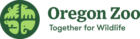 Logo that reads, Oregon Zoo Together for Wildlife and an illustration of a circular dark green seal of four outline animals; elephant, bird, squirrel and fox. 