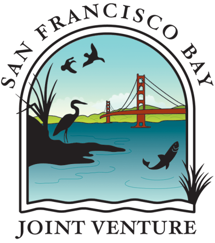 Logo that reads, San Francisco Bay and a illustration of body of water with marsh land and a outline of birds, one fish and the San Francisco Bridge. 