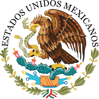 Seal that reads, Estados Unidos Mexicanos, an illustration of an majestic golden eagle eating a snake while perching on a cactus. 