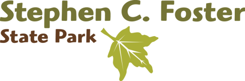 A logo with the words Stephen C. Foster State Park and a drawing of a leaf.