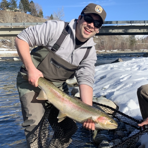 A man in waders and Service uniform holds a large steelhead while standing in a river, ready to put the fish into a net held by another person.