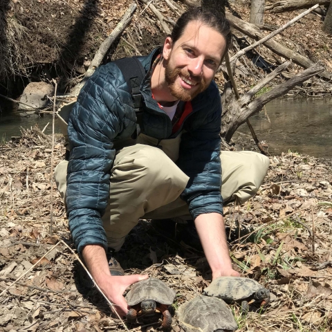 Evan Collins with three Wood Turtles