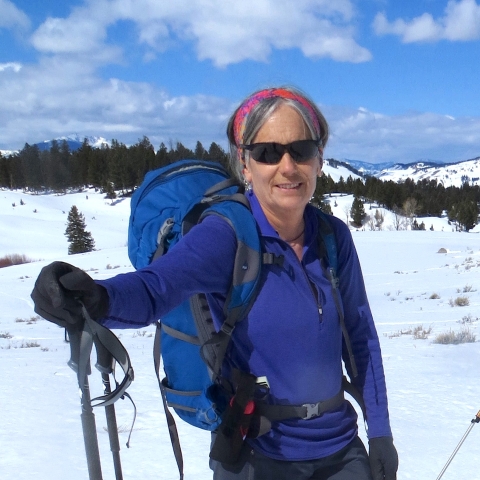 A woman standing in a field of snow with a backpack on and ski poles in her hand