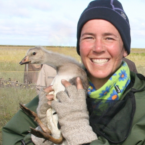 Woman in warm clothing holding baby goose