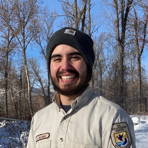 Fish Biologist Jeremiah Olivas in USFWS uniform