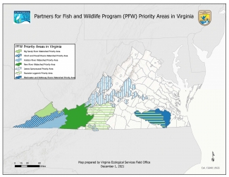 This is an image of a map showing the 7 priority work areas for the Partners for Fish and Wildlife (PFW) Program in Virginia, including the Big Sandy River Watershed Priority Area, the Clinch and Powell Rivers Watershed Priority Area, the Holston River Watershed Priority Area, the New River Watershed Priority Area, the James Spinymussel Priority Area, the Roanoke Logperch Priority Area, and the Blackwater and Nottoway Rivers Watershed Priority Area. For more information, contact David Byrd at 804-824-2412.