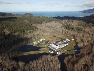 An aerial image of Makah National Fish Hatchery in Clallam Bay, Washington 
