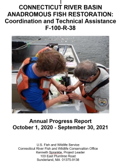 Cover of Connecticut River Basin Annual report for 2021 with image of surgical implant of acoustic tag into a Blueback Herring in April of 2021 for the migration and movement study done cooperatively with the United States Geological Survey’s. Conte Anadromous Fish Research Center