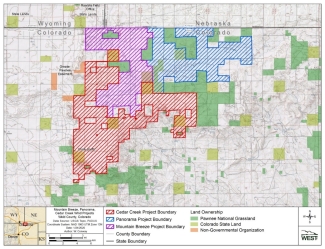 This image shows the various land ownership within and surrounding the Cedar Creek, Mountain Breeze, and Panorama Wind Projects. Land ownership includes Pawnee National Grassland, Colorado State Land, and Non-Governmental Organizations.