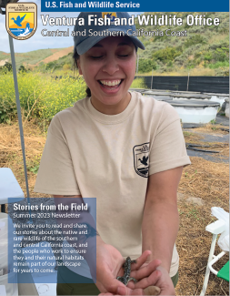 The cover of a newsletter with an image of a woman holding a salamander and smiling. The US Fish and Wildlife Service is in the top left corner, along with the words "Ventura Fish and Wildlife Office Central and Southern California Coast." A blue box in the bottom left corner says "Stories from the Field Summer 2023 Newsletter. We invite you to read and share our stories about the native and rare wildlife of the southern and central California coast"