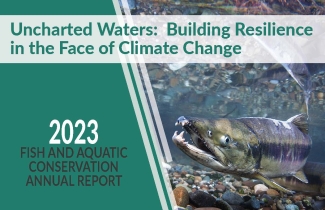 Graphic cover of the 2023 Fish and Aquatic Conservation Annual Report. Contains the image of a salmon swimming in clear water. Text reads "Uncharted waters: Building Resilience in the Face of Climate Change"