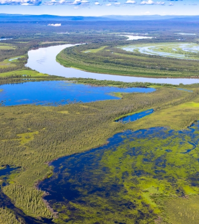 aerial view of wetlands, boreal forest, and a river