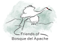 A white crane with a red cap spreads its wings over a green background. At the bottom are the words "Friends of Bosque del Apache"