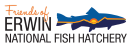 A logo stating friends of Erwin National Fish Hatchery. To the left of the text is a trout with an image of mountains and a sunset inside of it.