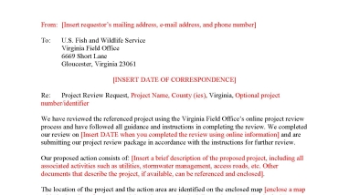 This is an image of the first page of the template for the Project Review Request letter that is to be submitted during the Project Review Process if any ESA Section 7 determinations (aside from northern long-eared bat) are Likely to Adversely Affect or if your project is a wind energy project.