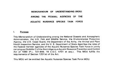 Memorandum of Understanding Among the Federal Agencies of the Aquatic Nuisance Species Task Force
