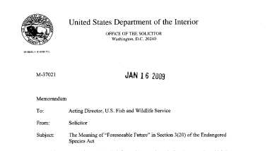 Solicitor's Memorandum Opinion: The Meaning of 'Foreseeable Future' under the ESA