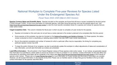 National Workplan to Complete Five-year Reviews for Species Listed Under the Endangered Species Act